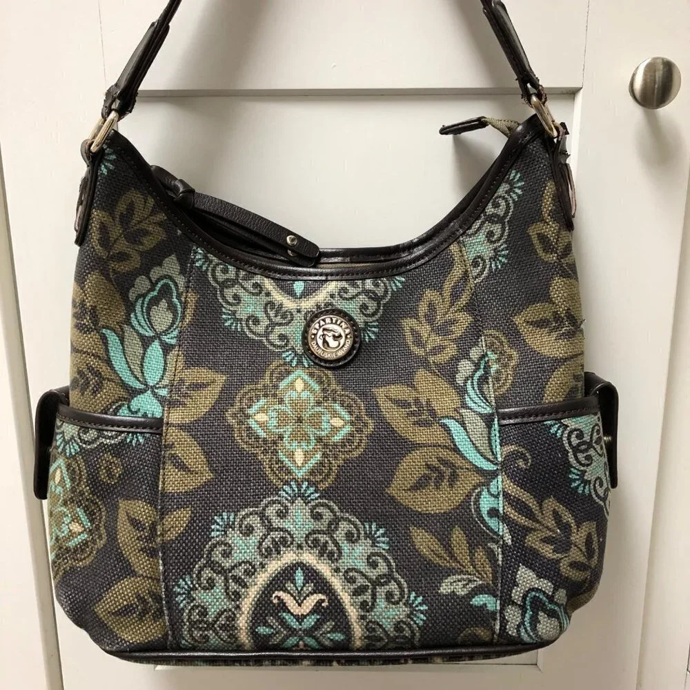 Spartina 449 Aqua Teal Paisley Tote Shoulder Bag Purse Linen Leather Handbag